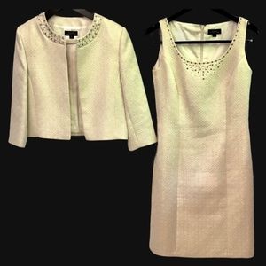 Tahari  Beaded Dress and Matching Jacket. Beige. Size 8